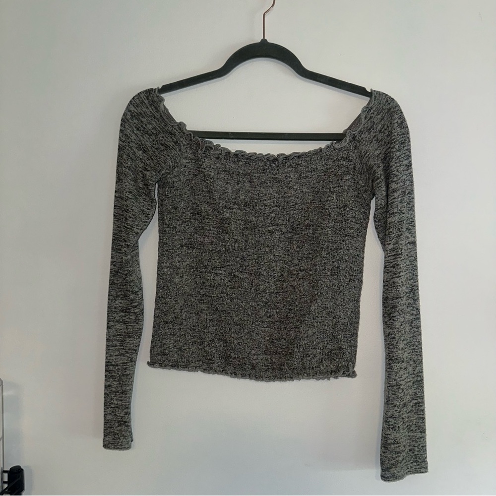 Hollister Charcoal Knit Off The Shoulder Top with Scalloped Edges